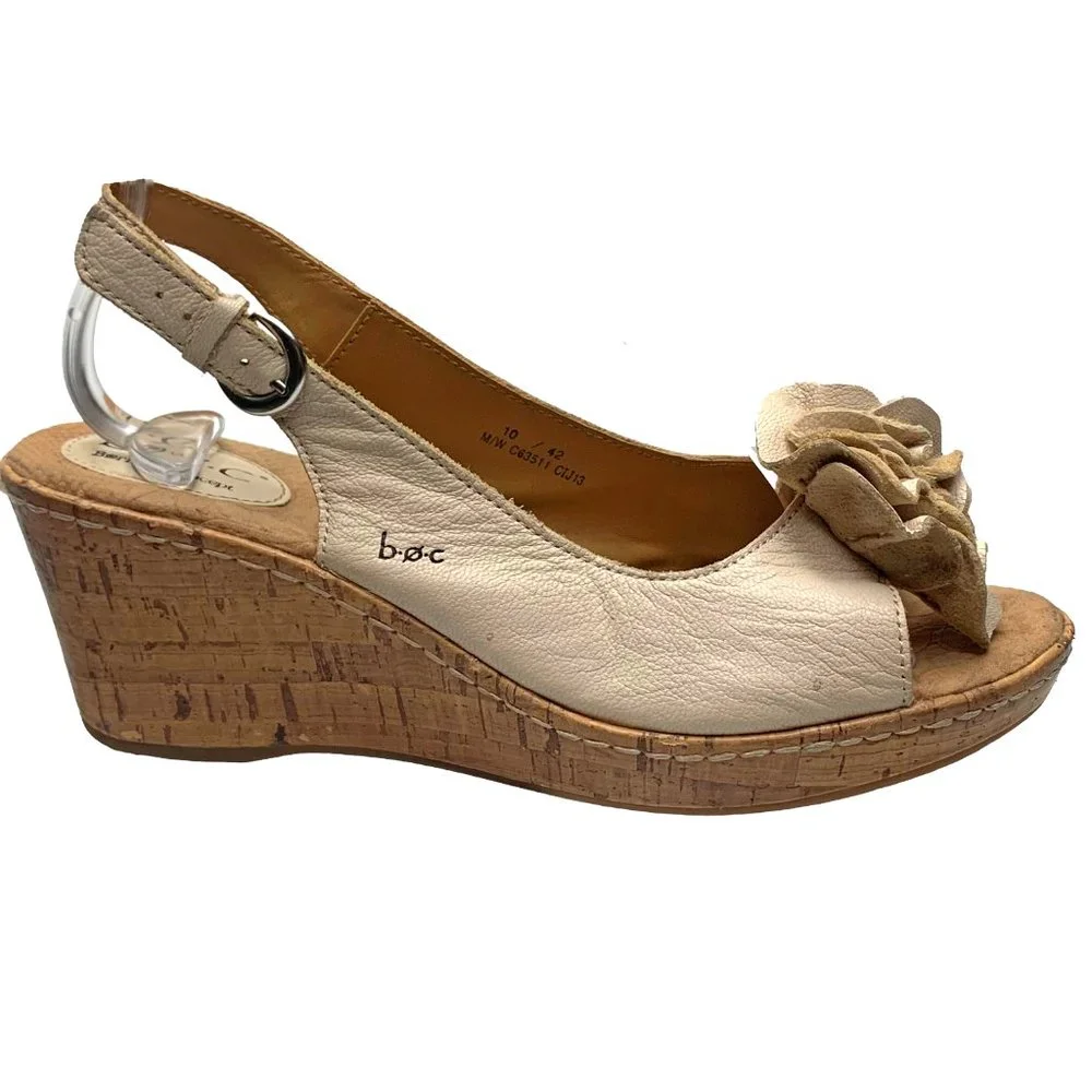 b.o.c‎ C63511 Cream Leather Cork Platform Slingback Wedge Sandal